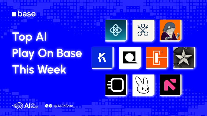 A blue promotional graphic titled "Top AI Play On Base This Week" features the base logo and showcases 11 app icons in a grid, including recognizable symbols for OpenGradient, Venice AI, and other featured platforms, with the AI On Base branding and social handles displayed at the bottom.