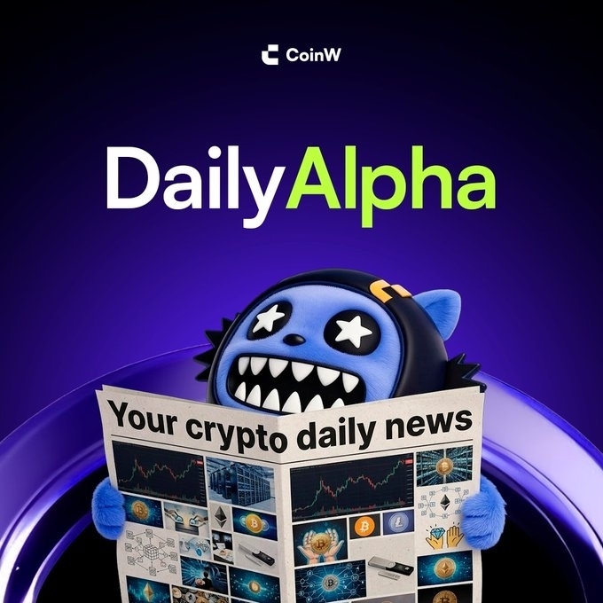 A CoinW "Daily Alpha" promotional graphic features a blue cartoon monster wearing a hoodie, reading a newspaper headlined "Your crypto daily news" filled with candlestick charts and crypto coin icons. The image's newspaper theme and crypto market imagery visually represent the accompanying post's coverage of BTC price action, ETF flows, and altcoin rotation trends.