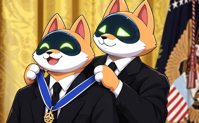 Two anthropomorphic Shiba Inu characters in formal black suits and ties appear in a presidential-style setting with an American flag and gold curtains, as one places a medal around the other's neck. The image playfully illustrates the post by depicting the Shiba-themed mascots assuming corporate board positions, humorously suggesting they will advocate for the largest on-chain NVDA community.