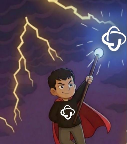An illustration depicts a boy in a red cape and a black hoodie with a logo, holding a glowing staff amidst lightning, with a matching logo floating above.