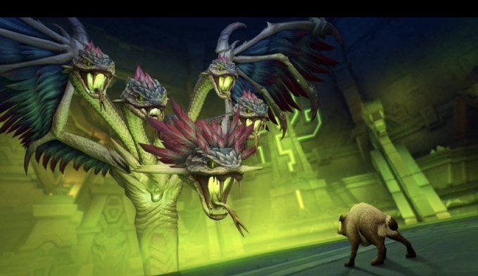 A digital illustration depicts a multi-headed dragon-like creature with purple and green coloring confronting a small brown animal in a green-lit stone chamber.