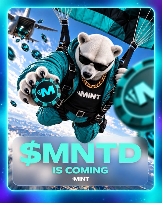 A digital promotional image featuring an anthropomorphic polar bear wearing sunglasses, a gold chain, and teal parachute gear, holding a blue poker chip with an 'M' logo. Text reads '$MNTD IS COMING' and 'MINT'.