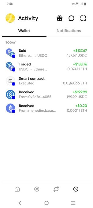 A cryptocurrency wallet app 'Activity' screen showing today's transactions including 'Sold' (+$137.67 USDC), 'Traded' (+$138.76), 'Smart contract Executed', and two 'Received' entries.