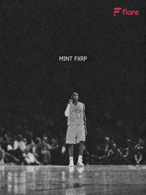 A black-and-white photograph shows basketball player Kobe Bryant in a Lakers #24 jersey pointing upward, with the text 'MINT FXR P' and the 'flare' logo in the upper corner.