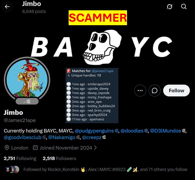 The image shows a social media post about a person named James21ape who has been scammed multiple times by a group of people known as the "scammer." The post includes information about the scammer's new rebranded profile, which is now targeting the BAYC/MAYC community. The post also mentions that the scammer has many mutuals and followers, warning users to be cautious when interacting with this account.