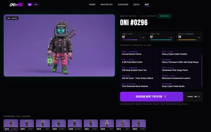 The image shows a webpage from oni.cash displaying details for ONI #0296, a purple-robed cyberpunk character NFT with stats including Level 67, Sync 67, and Resonance 70, alongside a "Random Mint Preview" call-to-action button. The page also lists "Discovered This Season" with various ONI character thumbnails, showcasing the collection as referenced in the post about ONI Brokers migrating to Arc Mainnet ahead of an OpenSea mint.