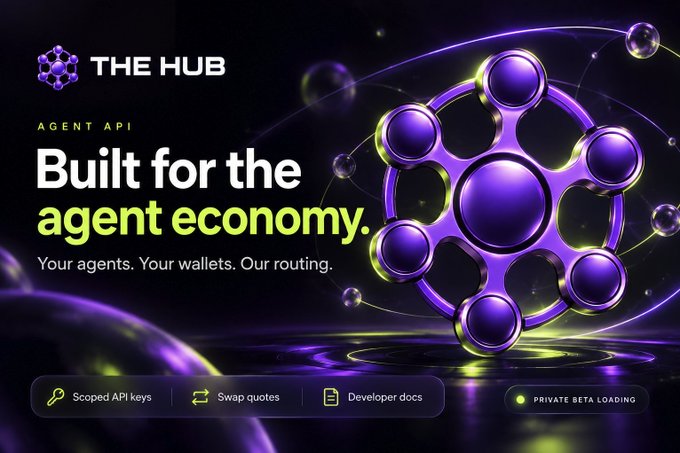 Promotional graphic for 'THE HUB' featuring 'AGENT API - Built for the agent economy. Your agents. Your wallets. Our routing.' with a purple molecular design and labels for 'Scoped API keys', 'Swap quotes', and 'Developer docs'.