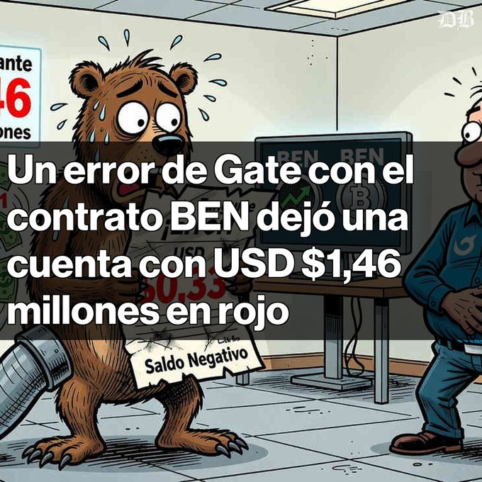 A cartoon illustration shows a sweating, panicked bear holding papers labeled 'Saldo Negativo' in an office setting, with a text overlay in Spanish reading 'Un error de Gate con el contrato BEN dejó una cuenta con USD $1,46 millones en rojo.'