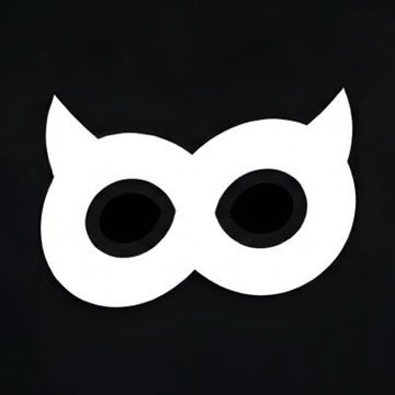 A minimalist white and black mask icon with pointed ears on a dark background, resembling a cat or raccoon mask.