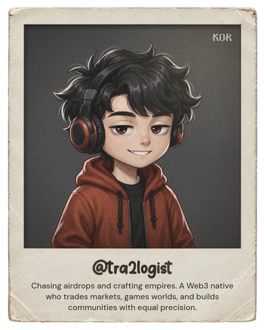 An illustrated character profile card labeled "KOR" features a boy with headphones, titled "@tra2logist" with a description about being a Web3 native trader.