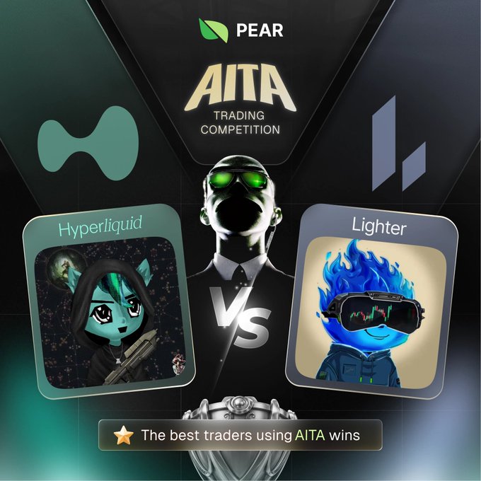 A promotional graphic for the Pear AITA Trading Competition, featuring a head-to-head matchup between Hyperliquid (.hl) and Lighter (.lit) mascots with a "VS" between them, and a banner stating "The best traders using AITA wins." The image visualizes the contest described in the post, pitting the two platforms against each other to determine the top trader using the AI Trading Assistant.