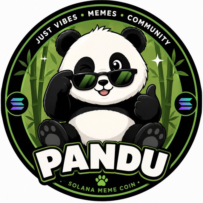 A circular logo for 'PANDU', a 'SOLANA MEME COIN', featuring a cartoon panda winking and giving a thumbs-up while wearing sunglasses, set against a bamboo background with the text 'JUST VIBES • MEMES • COMMUNITY'.