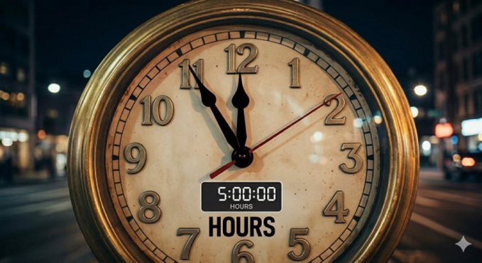 A vintage-style analog clock shows the time at approximately 11:00, with a digital overlay reading "5:00:00 HOURS" prominently displayed. The image pairs with the post's urgent "Clock is Ticking" message, using the countdown visual to emphasize the two-hour deadline before guiding "50 Patriots" into Web3, wallet backups, QFS card activation, and financial sovereignty via the Telegram link t.me/barontrum47.