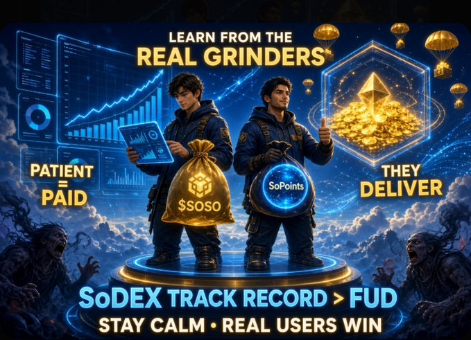 The image is a promotional graphic for SoDEX featuring two figures holding a "$SOSO" money bag and "SoPoints" orb, with the headline "LEARN FROM THE REAL GRINDERS," flanked by "PATIENT = PAID" and "THEY DELIVER," and the bottom banner reading "SoDEX TRACK RECORD > FUD — STAY CALM • REAL USERS WIN," reinforcing the post's message of encouraging SoDEX mainnet users to remain patient and trust the project's proven delivery.