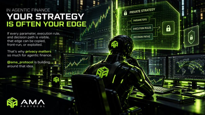 An "AMA PROTOCOL" promotional graphic with the headline "IN AGENTIC FINANCE YOUR STRATEGY IS OFTEN YOUR EDGE," explaining how privacy matters in agentic finance, set against a futuristic trading scene with green neon elements.