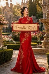 A woman is pictured wearing an elegant, floor-length red gown with floral embroidery, identified by the text 'Pendie RIVA' superimposed on the image.