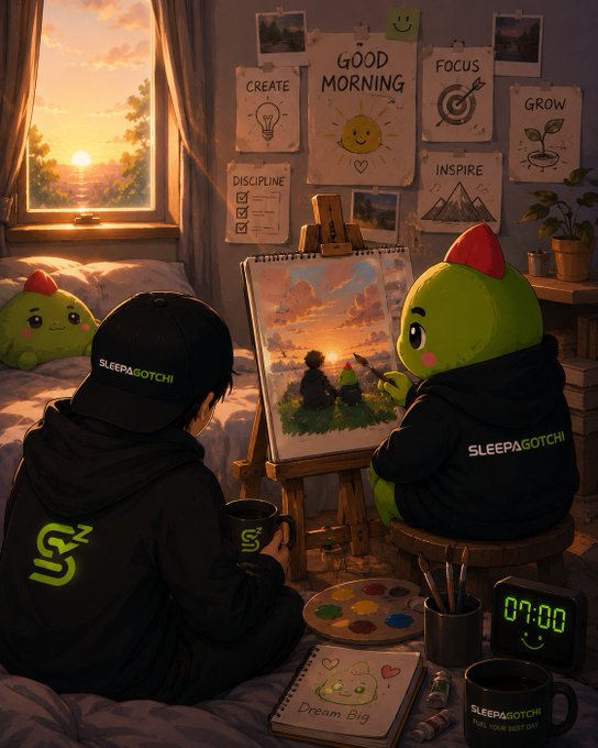 The image features a man sitting at an easel with paintbrushes and paints, creating art while wearing a black hoodie. Behind him, there are two green monsters that appear to be painting as well. The room has a window overlooking a sunset, adding a serene atmosphere to the scene. There is also a clock on the wall, suggesting that time is an essential aspect of their creative process.