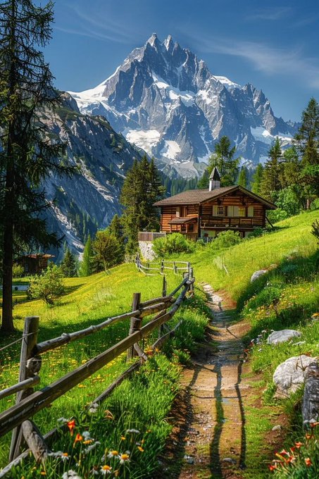 A scenic mountain landscape featuring a wooden chalet on a green hillside with a dirt path, wooden fence, and snow-capped peaks in the background.