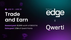 The image is a banner or poster that promotes an event at the trade platform, Edge. The background of the image is a mix of black and purple, with text written in white font indicating that this event has something to do with trading or a prize pool for trading partners on the trading platform. There are two lines of text: one below the other stating "Trade and Earn" followed by a list of rewards available at Edge Trade. The poster also mentions an upcoming event where trading partners can earn 2.5M Qwerti Points if they join in.