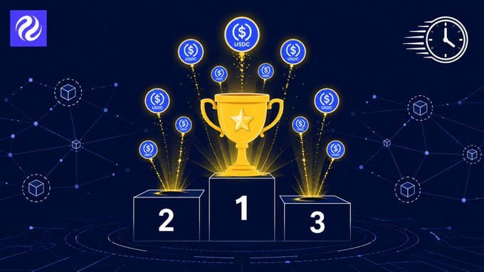 A digital graphic showing a gold trophy on the #1 podium with USDC coin icons floating around it, set against a dark blue network-themed background.