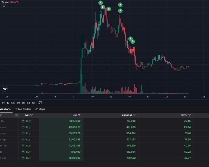 A cryptocurrency trading chart on the DexScreener platform showing price movements with multiple green buy markers labeled 'B' indicating whale transactions.