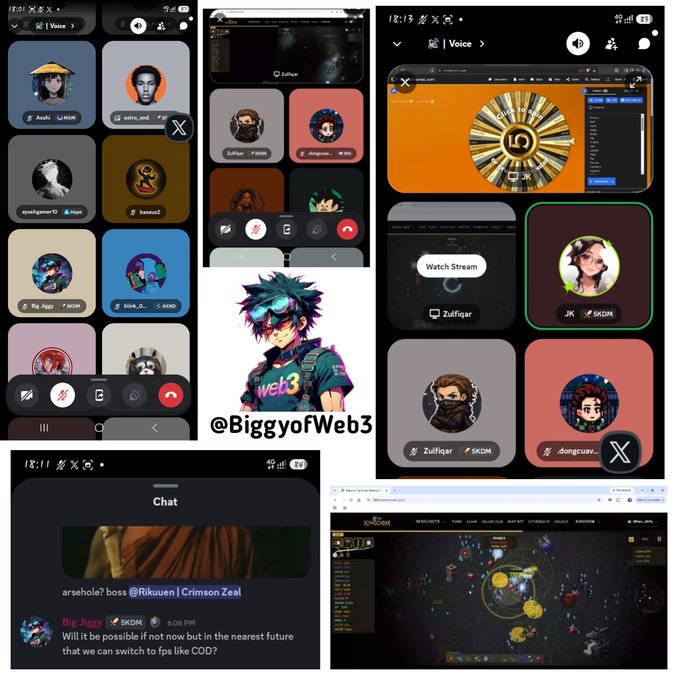 A collage of screenshots from the Web3 voice chat app SKDM displays various avatar profiles, a chat interface asking about swapping to FPs like COD, a spinning wheel interface, and a fantasy game scene, with the handle "@BiggyofWeb3" featured.