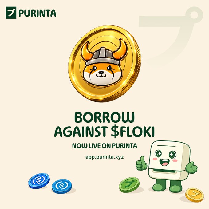 Cream-colored promotional graphic for “PURINTA” showing a gold coin with a cartoon Viking dog and text reading “BORROW AGAINST $FLOKI,” “NOW LIVE ON PURINTA,” and “app.purinta.xyz,” with cartoon coins and a smiling mascot.