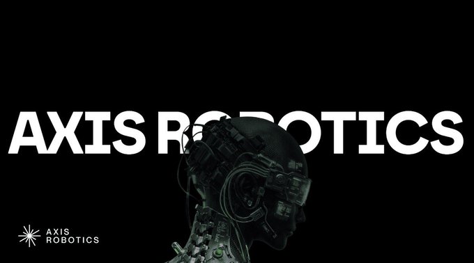 A dark, dramatic promotional graphic for "AXIS ROBOTICS" featuring a detailed robotic human head in profile, with the company name in bold white lettering and the Axis Robotics logo in the corner, visually reinforcing the post's emphasis on the importance of ongoing data generation for robotics development.