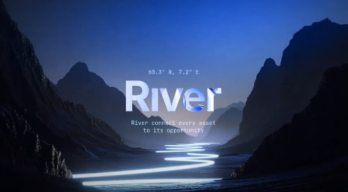A scenic image showing a river flowing through mountains at dusk with coordinates '60.3° N, 7.2° E' and the text 'River - River connects every asset to its opportunity.'