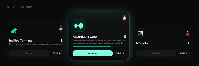 The image shows a screenshot of the top right corner of a tab page displaying different items related to trading platforms such as Hyper Liquid, Insilico Trading, TreadFi, BasedOneX, markets X and Y, Hypurrdash, and Bullpenfi. The bottom of this screen appears to be about the user's preferences or options on which to trade. The post has a message that says "Round 1 - perp front ends @HyperliquidX vs @InsilicoTrading vs @tread_fi vs @basedoneX vs @markets X & Y vs @hypurrdash Hyper Liquid is crypto's main ... click here" , which seems to be providing information on the different trading platforms and their features.