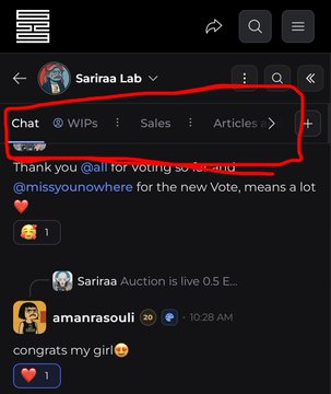 A mobile app screenshot showing a community page named 'Sariraa Lab' with navigation tabs for Chat, WiPs, Sales, and Articles highlighted with red circles, along with messages from users like 'amanrasouli'.
