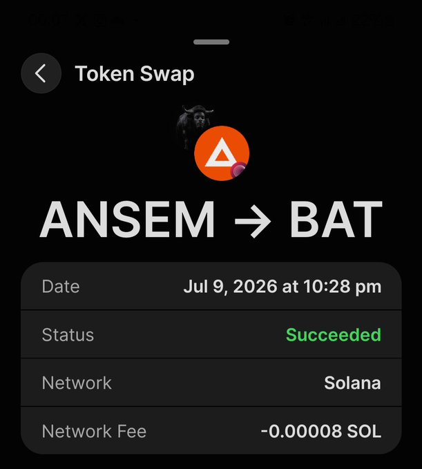 A screenshot of a successful Token Swap transaction showing ANSEM being swapped for BAT on the Solana network on July 9, 2026, with a minimal network fee of 0.00008 SOL. The image supports the post's message about accumulating $BAT while humorously "apologizing" to Ansem for swapping out of his token.