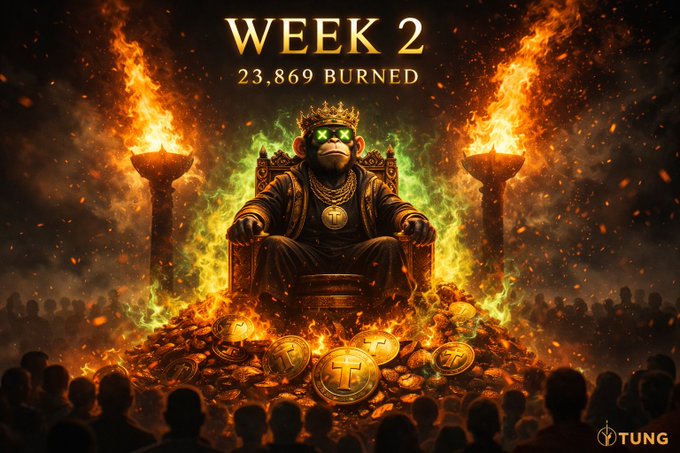 The image features a cartoon monkey sitting on a throne, surrounded by burning torches and flames. The monkey appears to be wearing a crown and holding a book while seated on a pile of gold coins. The caption above the image reads "Week 2 23,869 burned". This suggests that there is an ongoing event or situation related to the monkey's position in Week 2.