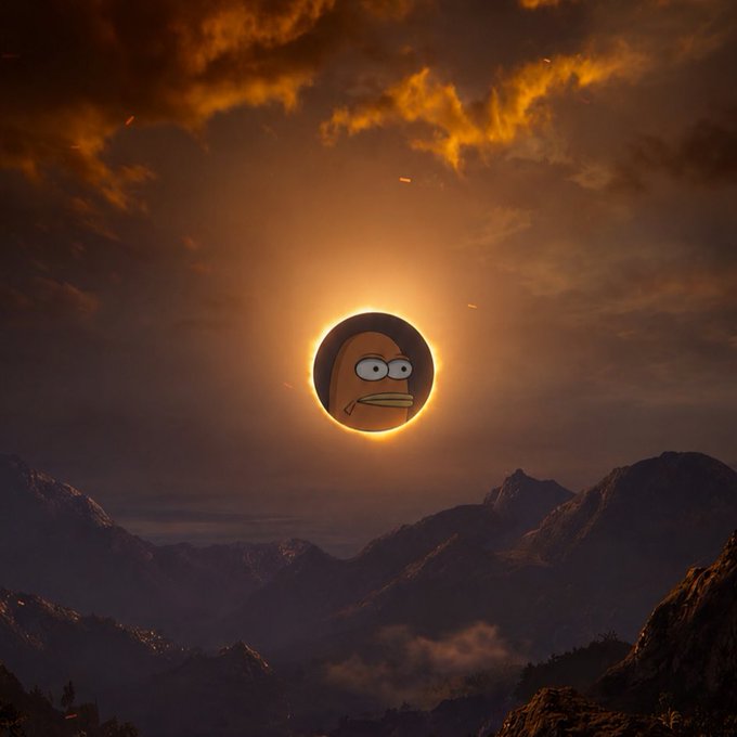 A dramatic landscape showing a solar eclipse over mountains, with the moon replaced by a cartoonish orange face—the mascot of the $BOB memecoin—surrounded by a glowing ring of fire. The image cleverly uses the eclipse as a marketing hook, positioning $BOB as the next can't-miss phenomenon for those who missed the real celestial event.