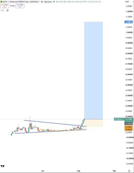A daily chart of the STW/USDT perpetual contract on Binance shows price consolidating in a descending triangle pattern around $0.17, with a projected bullish breakout target drawn as a shaded zone extending toward $1.00-$1.10. The post highlights this bullish setup for $BTW, suggesting the analyst's initial breakout target was correct.