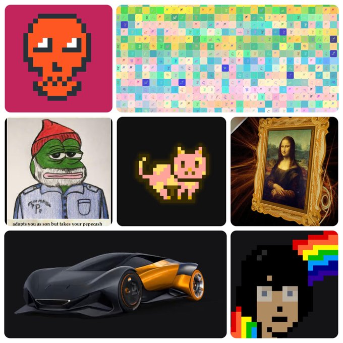 A collage of various NFT-style images including a pixelated orange skull, a Pepe character, the Mona Lisa, a glowing pixel cat, a futuristic sports car, and a pixel character with a rainbow trail.