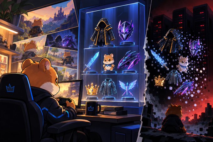 An anime-style illustration shows an anthropomorphic bear wearing a hoodie and headphones, sitting at a gaming setup and viewing a display case filled with various in-game cosmetic items, weapons, and a crown, with a cityscape reflected in the background.