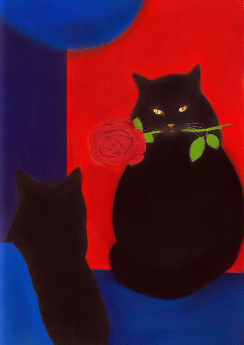 An artistic illustration of a black cat with yellow eyes holding a red rose in its mouth, accompanied by the silhouette of another black cat against a blue and red background.