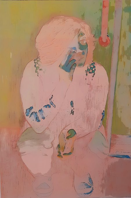 A loose, expressive painting in pastel pinks and greens showing a seated, hunched figure resting their chin on their hand beside a vertical pole or thermometer.