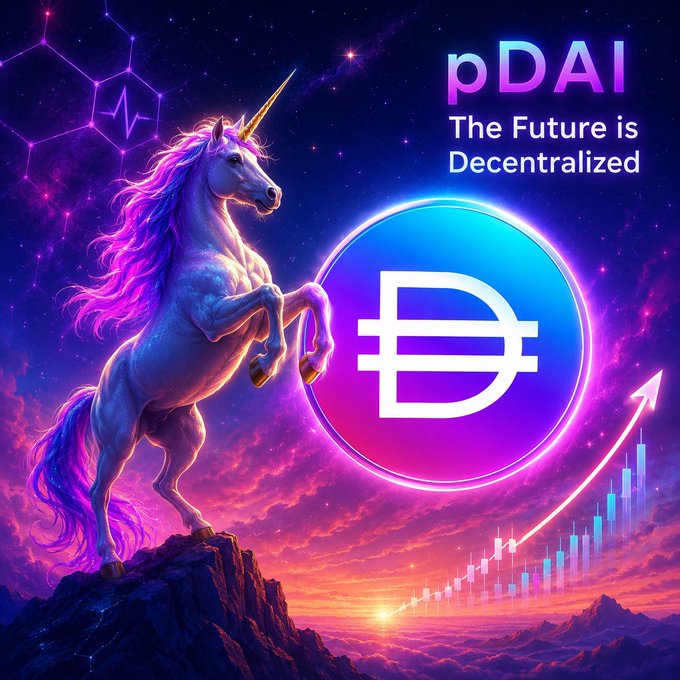 The image features a white unicorn standing on top of a mountain, with a blue and purple background that resembles a sunset or twilight sky. In the foreground, there's a blue circle containing a dollar sign symbolizing Bitcoin. The text "Bullish on $pDai" is written in black at the bottom of the image.