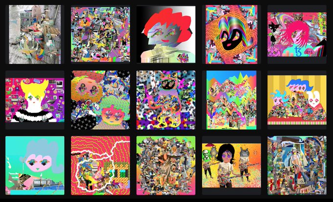 A grid of 15 vibrant, surreal digital artworks featuring stylized characters with large eyes, bold colors, and chaotic collages, showcased in a curated collection by user @eccaro on the objkt.com NFT marketplace.