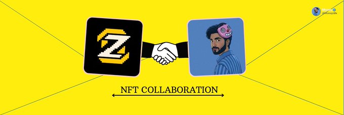 A promotional graphic on a yellow background showing a handshake between two app icons, labeled 'NFT COLLABORATION' with a 'Mondo Gondolas' logo in the corner.