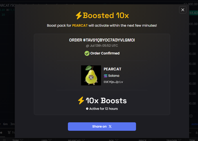 A 'Boosted 10x' confirmation screen for PEARCAT token on Solana, showing order confirmation with 10x boosts active for 12 hours.