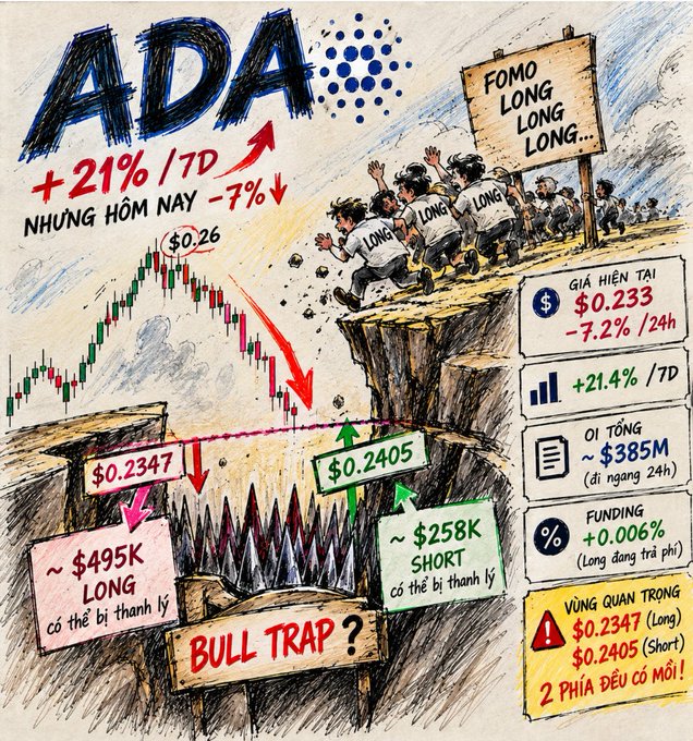 Hand-drawn crypto market illustration for Cardano (ADA) showing +21% over 7 days but -7% today, with current price $0.233 (-7.2%/24h), market cap ~$385M, and a "BULL TRAP?" warning with $495K longs and $258K shorts at risk of liquidation.