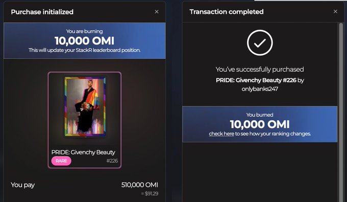 A purchase confirmation on Echosystem shows a successful buy of "PRIDE: Givenchy Beauty #226" by onlybanks247, burning 10,000 OMI out of 510,000 OMI paid.
