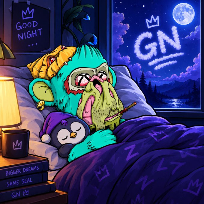A colorful digital artwork of a turquoise, furry creature with bloodshot eyes lying in bed, surrounded by 'Good Night' text, 'GN' clouds, and books titled 'Bigger Dreams' and 'Same Seal'.