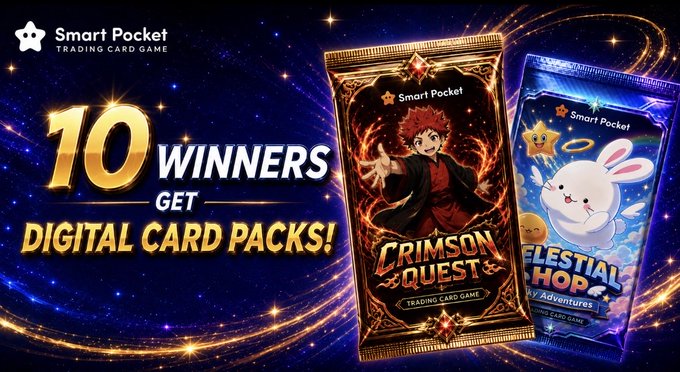 A promotional banner for the "Smart Pocket Trading Card Game" announces that "10 WINNERS GET DIGITAL CARD PACKS!" featuring two card packs: "Crimson Quest" and "Celestial Hop." The giveaway graphic aligns with the post's offer for 10 winners to receive card packs by commenting their SOL wallet address.