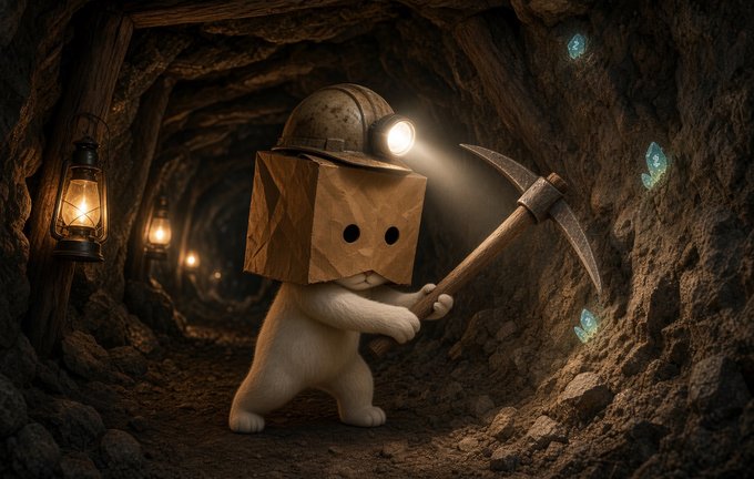 A whimsical digital illustration of a small white cat wearing a brown paper bag over its head and a miner's helmet with a headlamp, holding a pickaxe in a dark cave illuminated by lanterns and glowing blue crystals.