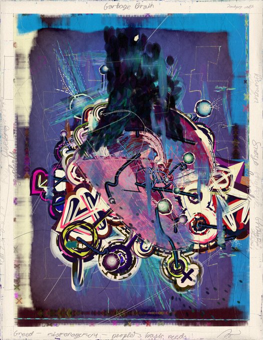 An abstract mixed-media artwork on paper titled "Garbage Crash" with handwritten notes around the edges, featuring chaotic splashes of purple, blue, and pink paint with graffiti-style markings and abstract shapes.