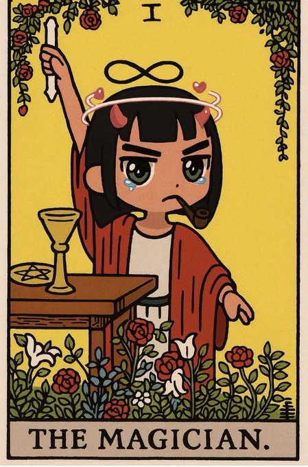 A tarot card illustration labeled 'I THE MAGICIAN.' depicting an anime-style character with devil horns holding a sword above a table with a chalice.